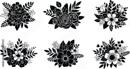 Floral arrangements with black and white designs for decorative purposes in various styles and shapes 