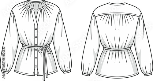Blouse fashion sketch, gathered neckline detail, button-down front, belted waist, front and back view, CAD drawing flat vector illustration