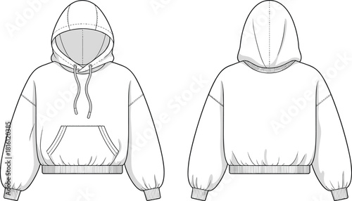 Cropped hoodie technical sketch, fashion flat design, front and back view, garment construction details, cad drawing flat vector illustration