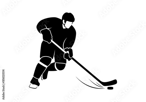 Dynamic silhouette of ice hockey player in action with puck
