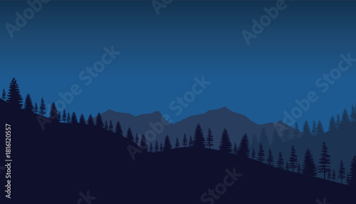 Silhouette landscape with fog, forest, pine trees, and mountains. Illustration of night view, mist. Navy blue. Good for wallpaper, background, web banner, cover, poster.