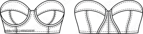 Bustier top fashion sketch, technical garment drawing, structured corset design, vector template, seam panel detail, cad drawing flat vector illustration