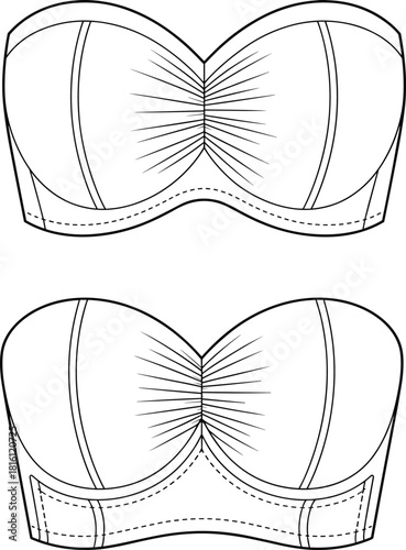 Bustier top technical sketch, strapless lingerie flat design, front view construction details, garment shaping seams, cad drawing flat vector illustration