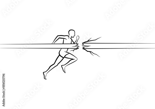 Dynamic runner breaking through finish line in minimalist black and white design