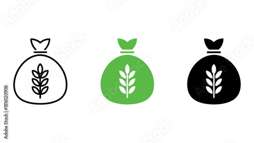 Harvest grain sack icon set showcasing essential agricultural elements; outline, vibrant green filled, and sleek solid styles symbolizing food production and sustenance.
