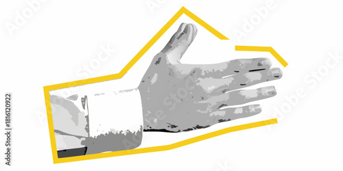Stylized hand illustration with yellow outline on white background
