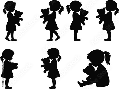 Child silhouette with teddy bear, emotional poses, black vector icons, innocence illustration, girl in dress, toy bonding artwork