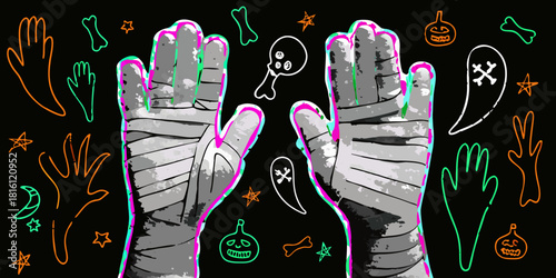 Halloween mummy hands with ghosts pumpkins bones and stars on black