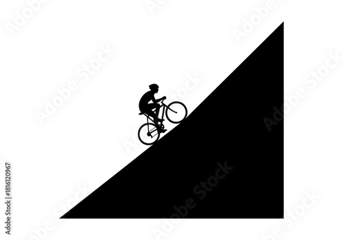 Cyclist climbing steep hill silhouette on white background