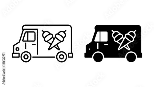 Ice cream truck line and glyph icon set, sweet dessert snack food vendor vehicle symbol illustration, mobile street dessert shop sign design