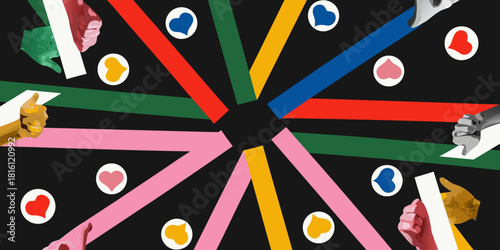 Diverse hands connecting with colorful lines and heart symbols on black