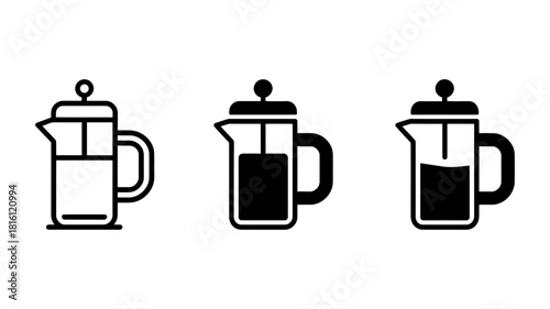 French press coffee maker line and filled icons set, illustrating manual brewing stages for hot beverages. essential device for making coffee and tea.