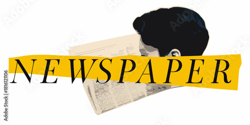 Abstract illustration of a person reading a newspaper with bold yellow banner