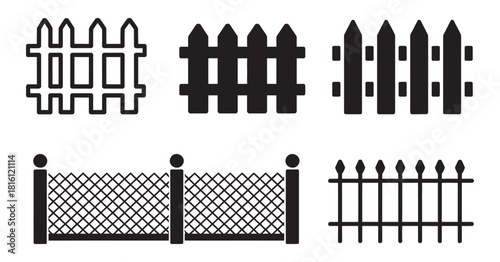Collection of diverse fence icons, including classic picket, security chain-link, and decorative wrought iron styles, for digital design projects.