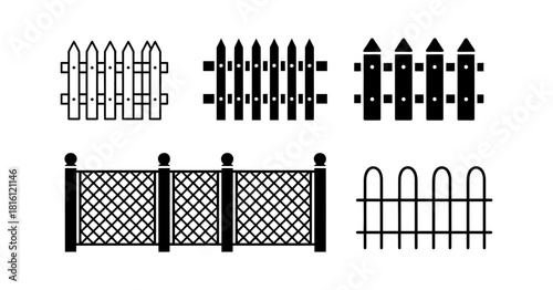 Collection of diverse black fence icons and barrier illustrations, featuring classic picket, solid panel, lattice, and ornate designs for property boundaries and security