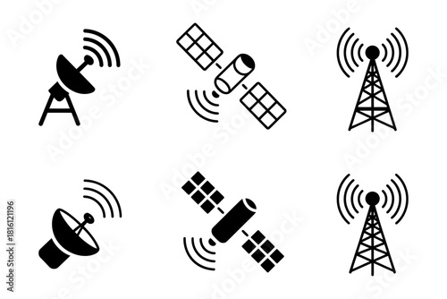 Communication technology icons set including satellite dish, orbiting satellite, and radio tower for global network and digital connectivity
