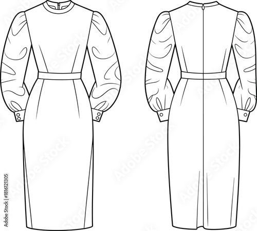 Women's dress technical sketch, fashion flat design, bishop sleeve pencil dress, front and back view, garment construction details, cad drawing flat vector illustration