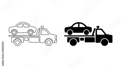 Tow truck carrying a broken down car icon set featuring both outline and solid filled versions, representing roadside assistance and vehicle recovery service