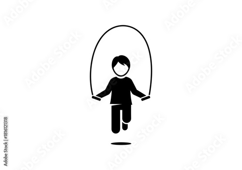 Child jumping rope silhouette on white background