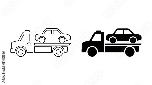 Tow truck icon set with outline and solid glyph styles, illustrating roadside assistance, vehicle breakdown, and transportation service symbols