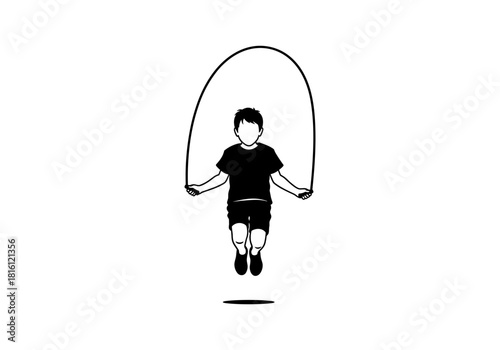Minimalist silhouette of child jumping rope on white background