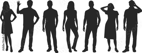 Standing human silhouettes, casual poses, black profile figures, body language illustration, fashion vector, posture icons, people design, gesture artwork