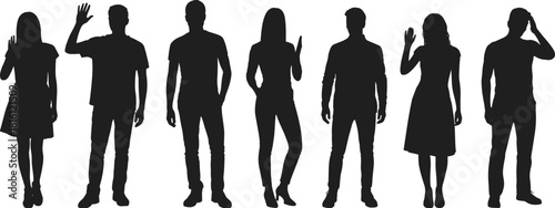 Standing human silhouettes, black profile figures, casual body poses, gesture icons, posture illustration, vector people design, expressive stance artwork