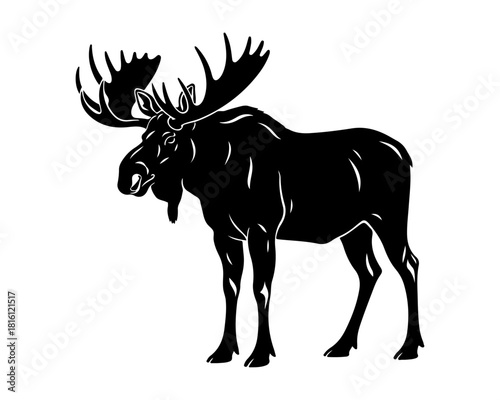 Majestic Moose Silhouette Vector Illustration. Detailed black graphic design of a powerful male elk with impressive antlers, standing gracefully, perfect for logos and wildlife themes