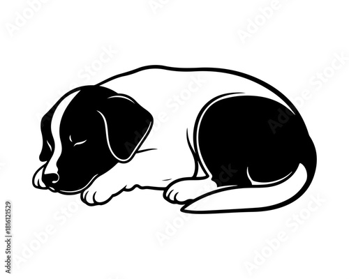 Stylized black and white vector illustration of a peaceful puppy sleeping soundly, curled up in a relaxed pose, ideal for pet-related designs and logos