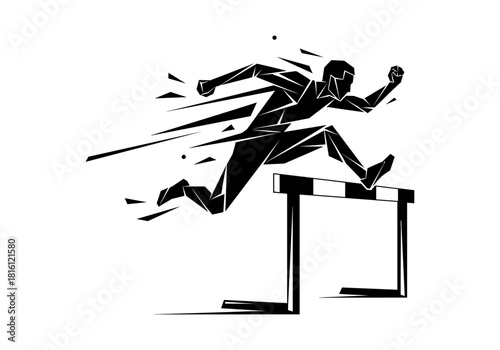 Dynamic athlete in geometric silhouette leaping over hurdle in action-packed abstract style