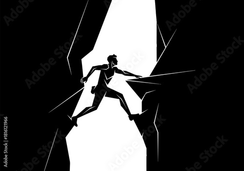 Dynamic rock climber silhouette on jagged cliff in black and white design