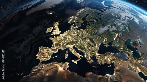 Night view of europe from space with city lights illuminating the continent