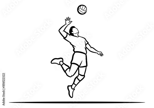 Dynamic volleyball player jumping to serve in silhouette style