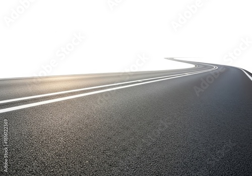 Asphalt road with double white lines curving into the distance isolated on white background