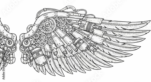 Detailed line art illustration of a complex mechanical steampunk wing.