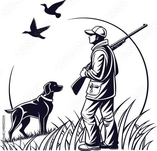 Hunter and his dog wait for ducks in the field