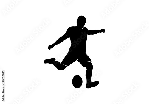 Dynamic silhouette of a soccer player kicking a football on white background