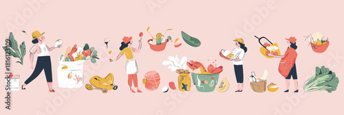 People engaged in food waste reduction activities with vegetables, fruits, compost bins, reusable bags, minimalist flat vector illustration