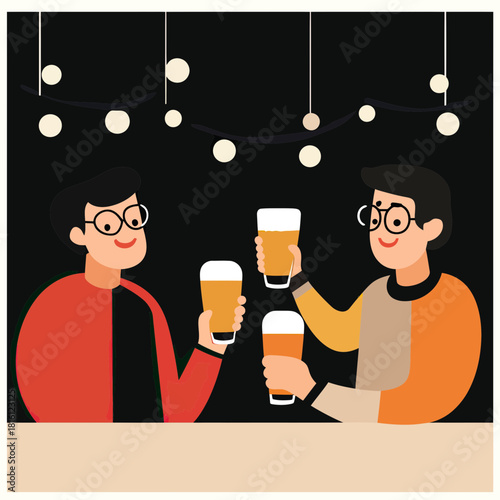 Two friends with glasses of beer celebrating together under string lights in flat minimalist vector illustration style evening social interaction concept