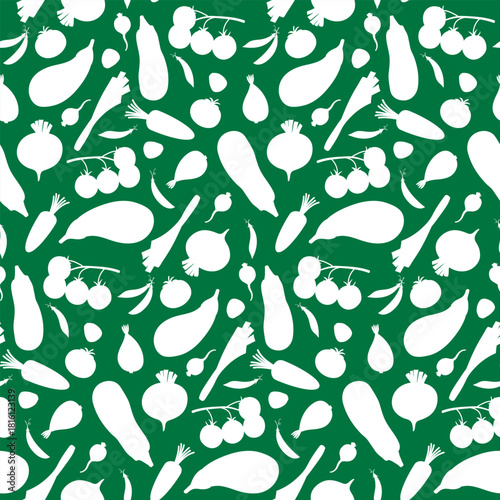White vegetable silhouettes on green background. Seamless food pattern. For kitchen textile, fabric, wrapping paper, farm business marketing. Healthy eating. Vegan and vegetarian.