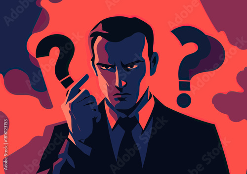 Serious businessman in dark suit expressing skepticism with raised finger gesture amidst glowing red background and large question marks symbolizing doubt and uncertainty