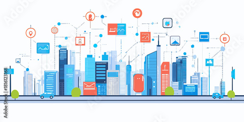 Smart city skyline with connected internet technology icons digital communication network and urban business buildings in flat minimalist vector style