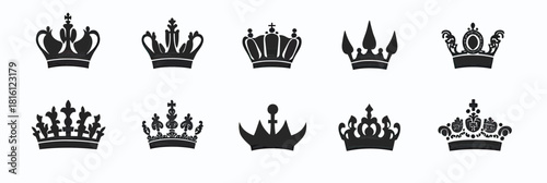 Set of ten unique black silhouette royal crowns icons with various ornamental designs and shapes isolated on white background for logo and emblem use