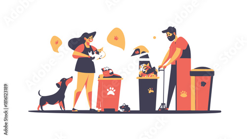 Man and woman cleaning up after dogs with waste bins and rake in park walking pet dogs flat cartoon vector illustration