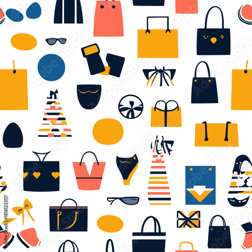 Seamless pattern of colorful women fashion accessories including handbags, sunglasses, dresses, swimsuits, and high heels in minimalist flat style on white background for shopping design