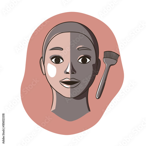 Half face clay mask application on female face with brush in flat minimalist style vector illustration for skincare and beauty treatment concept