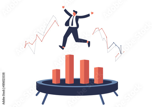 Businessman jumping on trampoline over bar graph columns with fluctuating line charts growth success concept vector illustration