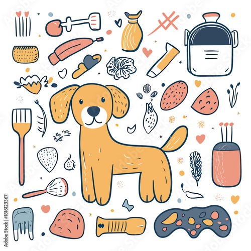 Hand drawn cartoon dog surrounded by dog grooming tools pet accessories shampoos brushes and grooming combs flat doodle vector illustration with copy space for text and playful elements