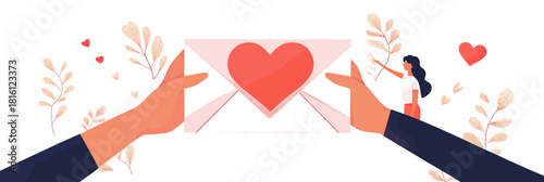 Hands holding envelope with red heart, romantic love letter illustration, woman reaching out, Valentine day greeting concept on white background, flat minimalist vector design