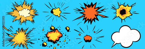Set of colorful comic style explosion bursts and blank speech bubble vector illustrations on blue background with dynamic shapes and starburst effects for pop art design